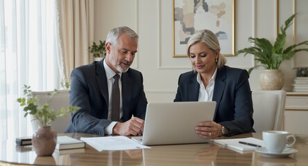 Business colleagues reviewing documents on laptop, corporate teamwork concept