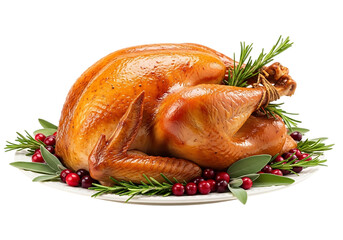 Delicious golden roasted turkey garnished with fresh herbs and cranberries Isolated on transparent background