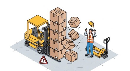Warehouse Mishap: Forklift Incident with Falling Boxes and Shocked Worker