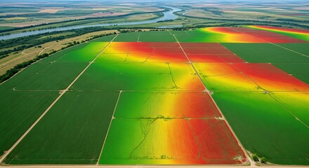Colorful data map overlay on vast green fields representing precision agriculture and modern farming innovation