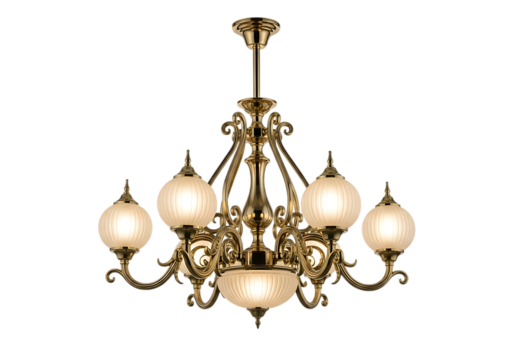 Elegant antique brass chandelier with frosted glass lamps Isolated on transparent background - Powered by Adobe