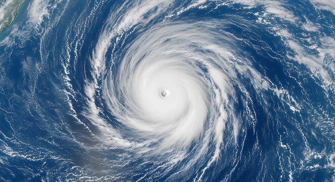 High-altitude view of a powerful hurricane swirling over the ocean.