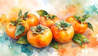 Watercolor style painting showcases group of persimmons with leaves against an abstract background.