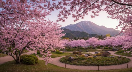 Serene Japanese Garden with Blooming Cherry Blossoms and Majestic Mountain Backdrop