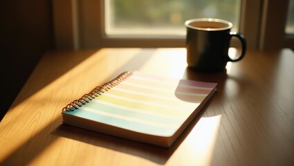 Morning sunlight casting warm glow on notebook and coffee