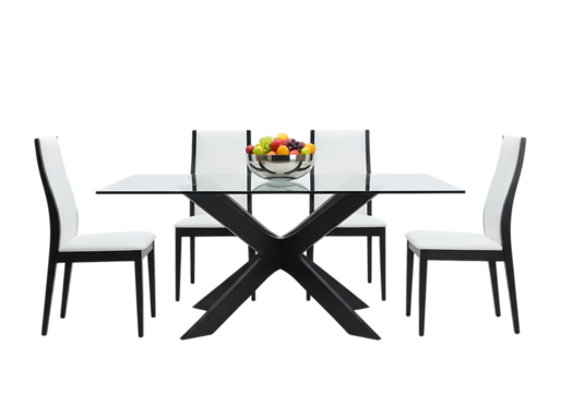 Modern dining room setting with glass table chairs and a fruit bowl Isolated on transparent background