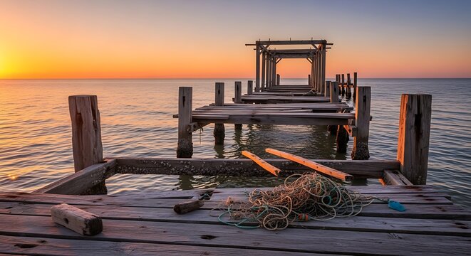 Rustic charm of a weathered pier at sunset offers an immersive experience