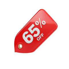 Vibrant crimson discount tag featuring a substantial sixty-five percent reduction displayed