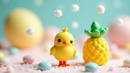 Cute yellow chick and pineapple toy with easter eggs and candy