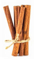 Bundle of Cinnamon Sticks Tied with Jute Rope on White Background Culinary Ingredient