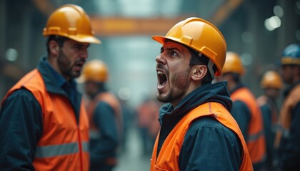 Worker in yellow helmet shouts instructions during factory operation. Intense emotion shows urgency and authority. Other workers in safety gear are blurred in background.