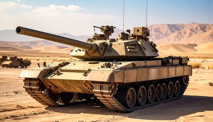 Military tank in desert landscape