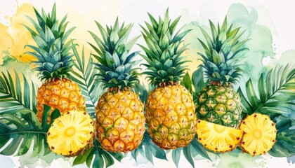 Vibrant watercolor painting displaying a collection of ripe pineapples with tropical foliage accents