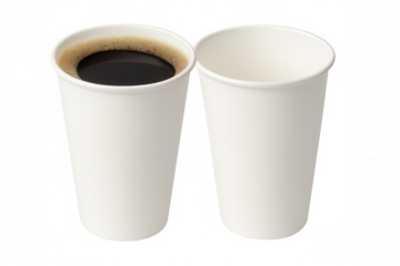 White disposable coffee cups, one filled with coffee, one empty, positioned against transparent background for branding mockup