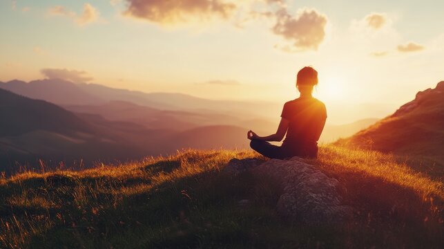 A person meditating on a hilltop at sunrise, symbolizing inner peace and emotional healing, on blurred background