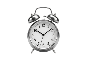 Silver alarm clock displaying time Isolated on transparent background