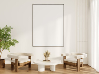 Horizontal Wall Frame Mockup Above Modern Sofa with Cushions in Minimalist Living Room