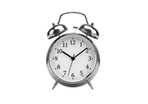 Silver alarm clock displaying time Isolated on transparent background