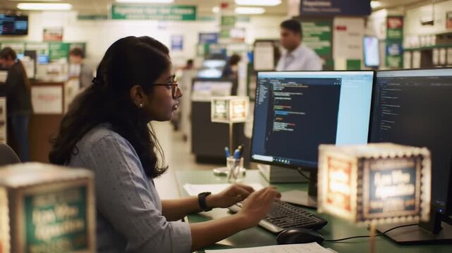 Focused software developer coding on multiple screens in busy office