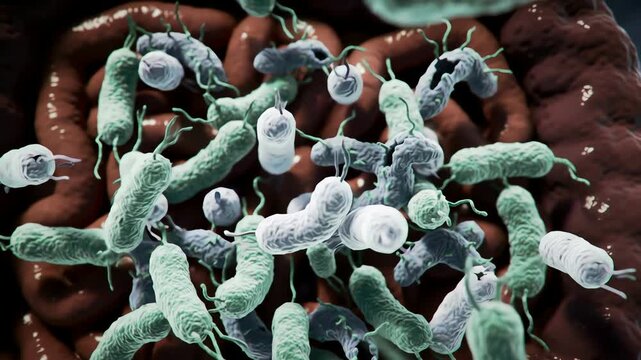 gut bacteria dying en masse after antibiotic overuse, followed by fungal overgrowth glowing like invasive ivy through the intestine walls