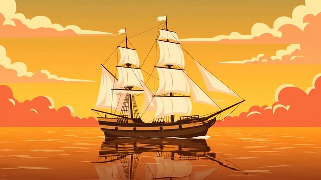 historic sailing ship on calm sea at sunset