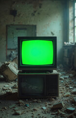 Retro CRT television set with glowing green screen sits amidst debris in abandoned room. Vintage technology, obsolete equipment, dusty clutter evoke themes of decay, forgotten history, isolation.