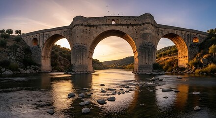 Ancient Roman Bridge Arches Over River at Sunset.