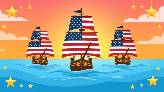 three patriotic sailing ships with usa flags on blue ocean
