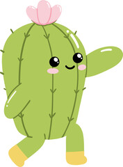 Cute cartoon cactus character walking with flower on head