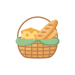 A wicker picnic basket with a loaf of bread and a wedge of cheese is the perfect image for your next culinary project