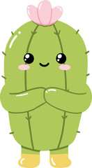 Cute cartoon cactus character standing with arms crossed and flower on head