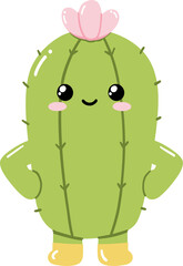 Cute cartoon cactus character with flower and boots smiling