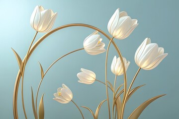 AI generated image of delicate ivory tulips with golden arched stems on pale pearl blue background