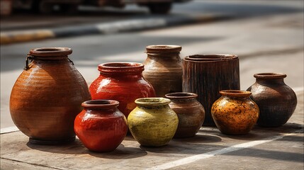 Awesome photo of collection of colorful handmade clay pots displayed on the street in sunlight.