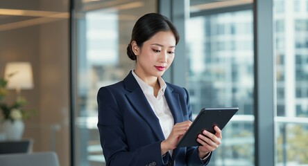 Fototapeta premium Businesswoman using tablet, modern office, professional, corporate, technology, digital, successful, confident, elegant, stylish, work, career, entrepreneur, female, woman, business, workplace, c