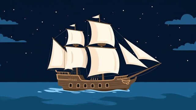 flat vector sailing ship ocean night