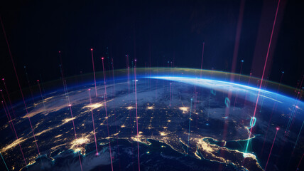 Global connectivity visualized with digital streams over illuminated Earth at night