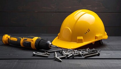 Fototapeta premium Yellow Hard Hat with Cordless Drill and Screws.