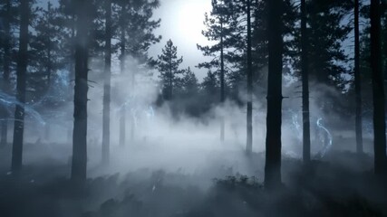 Ethereal mist and glowing particles in moonlit pine forest - Powered by Adobe
