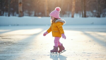 Joyful little girl in pink hat skates on ice rink during sunny winter day. Yellow jacket, pink pants, gloves. Outdoor activity for children, childhood fun, healthy lifestyle, winter season.