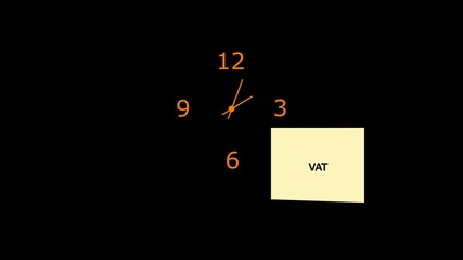 Vat word on sticky note in front of clock and ringing on black background,symbolizing tax, finance, and timely payment.