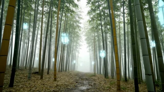 Misty bamboo forest with glowing foxfire spirits