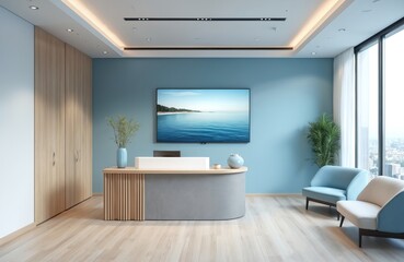 Modern office waiting area with sleek reception desk, wood accents, calming blue walls. Comfortable seating, large window offer city views. Minimalist design promotes professional, airy atmosphere