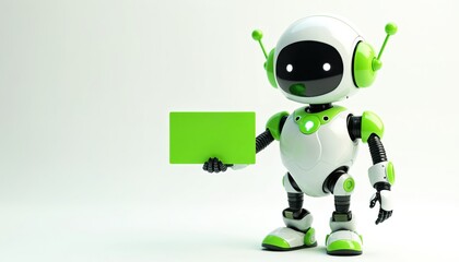 Friendly green robot holds blank card. AI generated 3D render features cute, simple character with futuristic design. White, green bot represents automation, technology, innovation. Useful for
