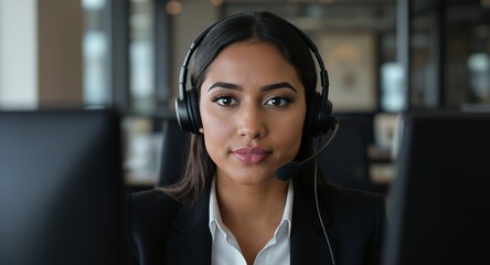 Close-up portrait of a customer service representative wearing a headset, working in an office setting