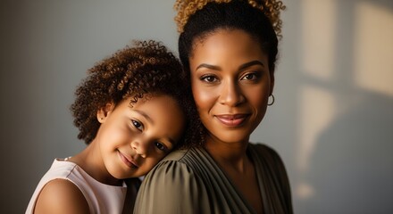 Close-up portrait of a mother and daughter, embracing and smiling warmly at the camera