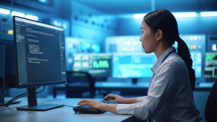 Asian Woman Typing Code in Futuristic Control Room for Data Analysis - Powered by Adobe