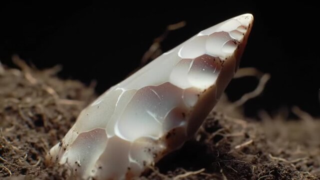 prehistoric stone arrowhead buried in earth archaeology
