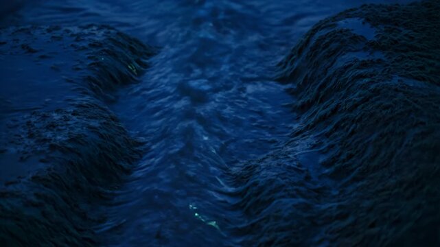 Phosphorescent tidepool soul lights with micro-spirits and slow foam