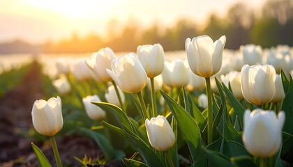White tulips in a field at sunset